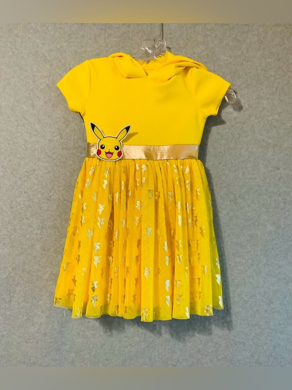 MAD Engine Yellow Pikachu Hooded Tulle Dress with Gold Waistband SZ 4/5